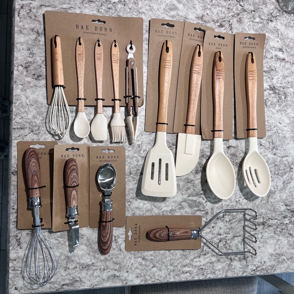 Rae Dunn Wooden Utensil Set with White Accents